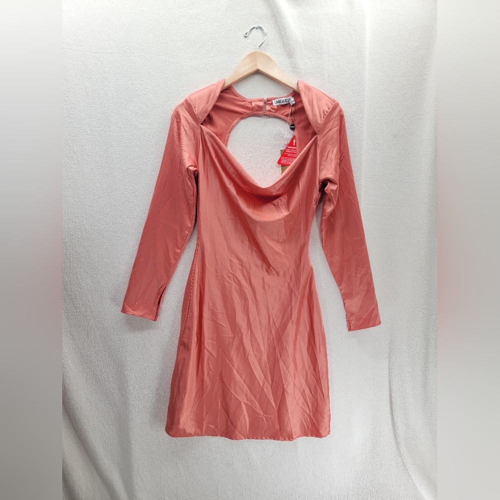 NWT Unique21 Asos Satin Bias Cut out Mini Teracotta Long Sleeve Dress Size-8